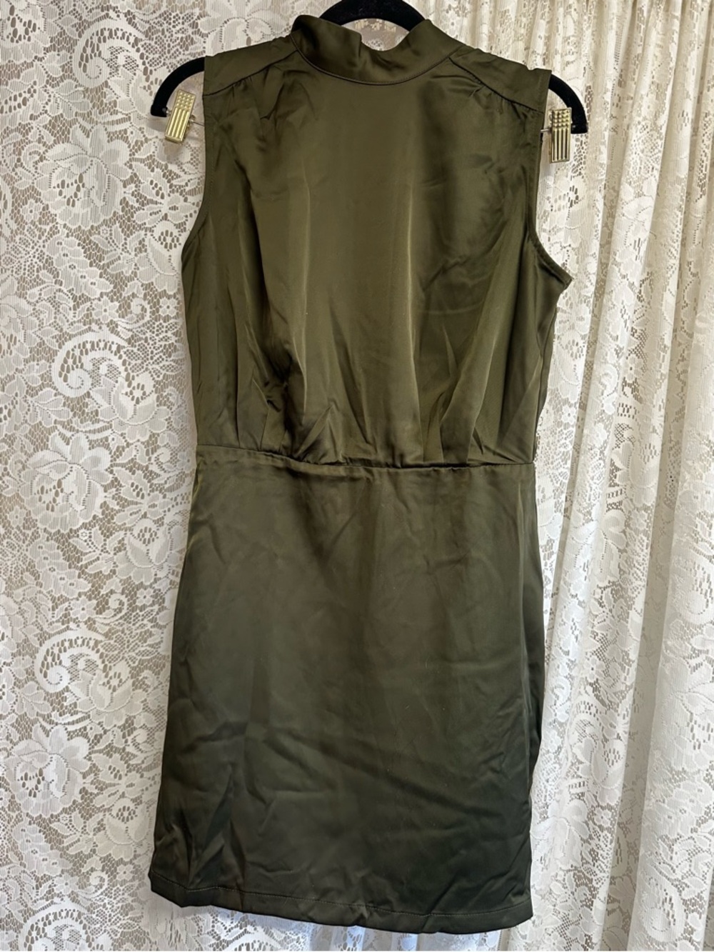 Lulus Olive Satin Sleeveless Mock Neck Mini Dress